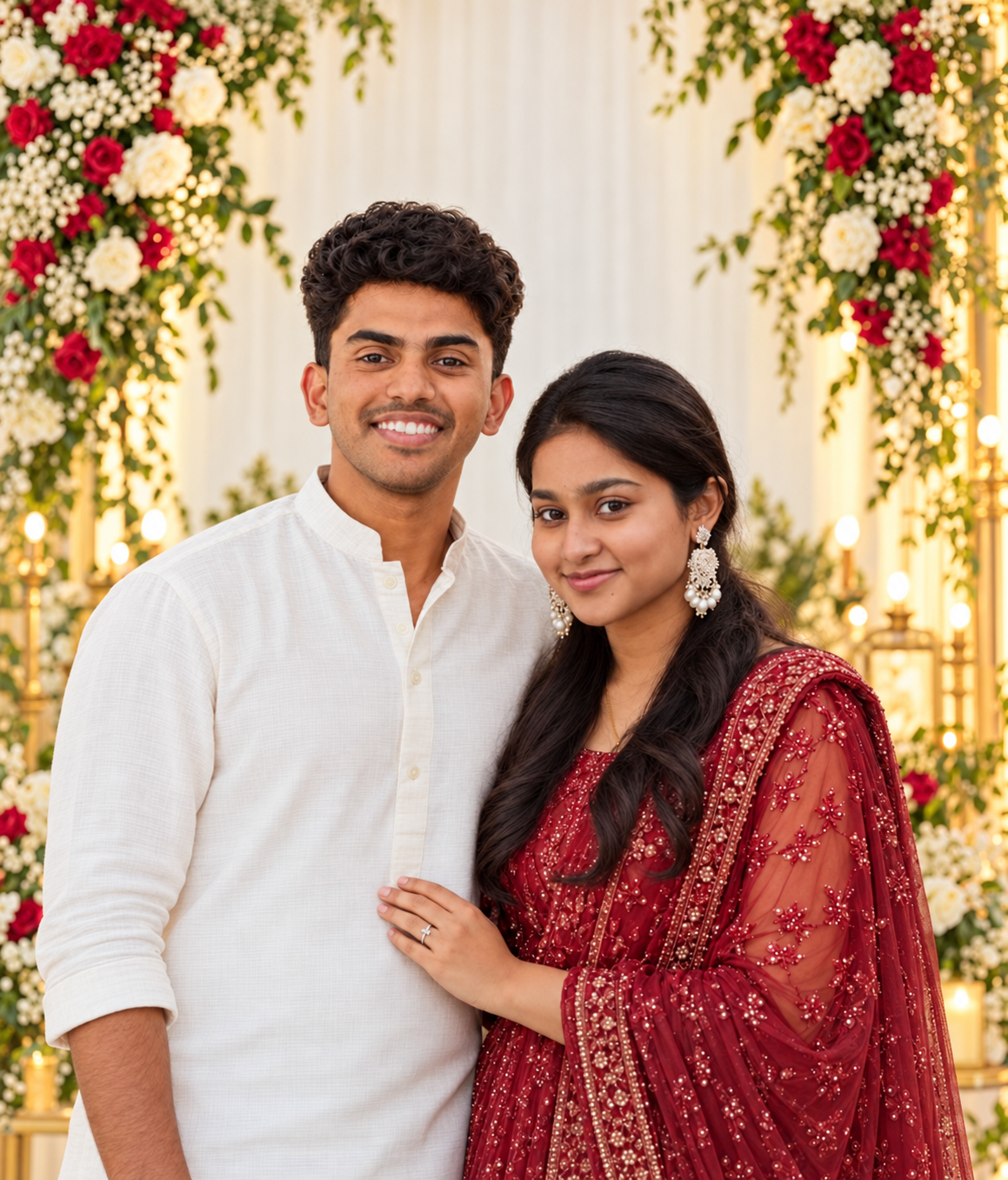 Anagha in a burgundy lehenga and Cijin in a white shirt, together against a floral backdrop